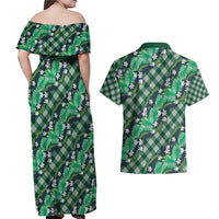 Polynesian Monstera Tiare Floral Couples Matching Off Shoulder Maxi Dress and Hawaiian Shirt Forest Green Tropical Plaid - Polynesian Pride