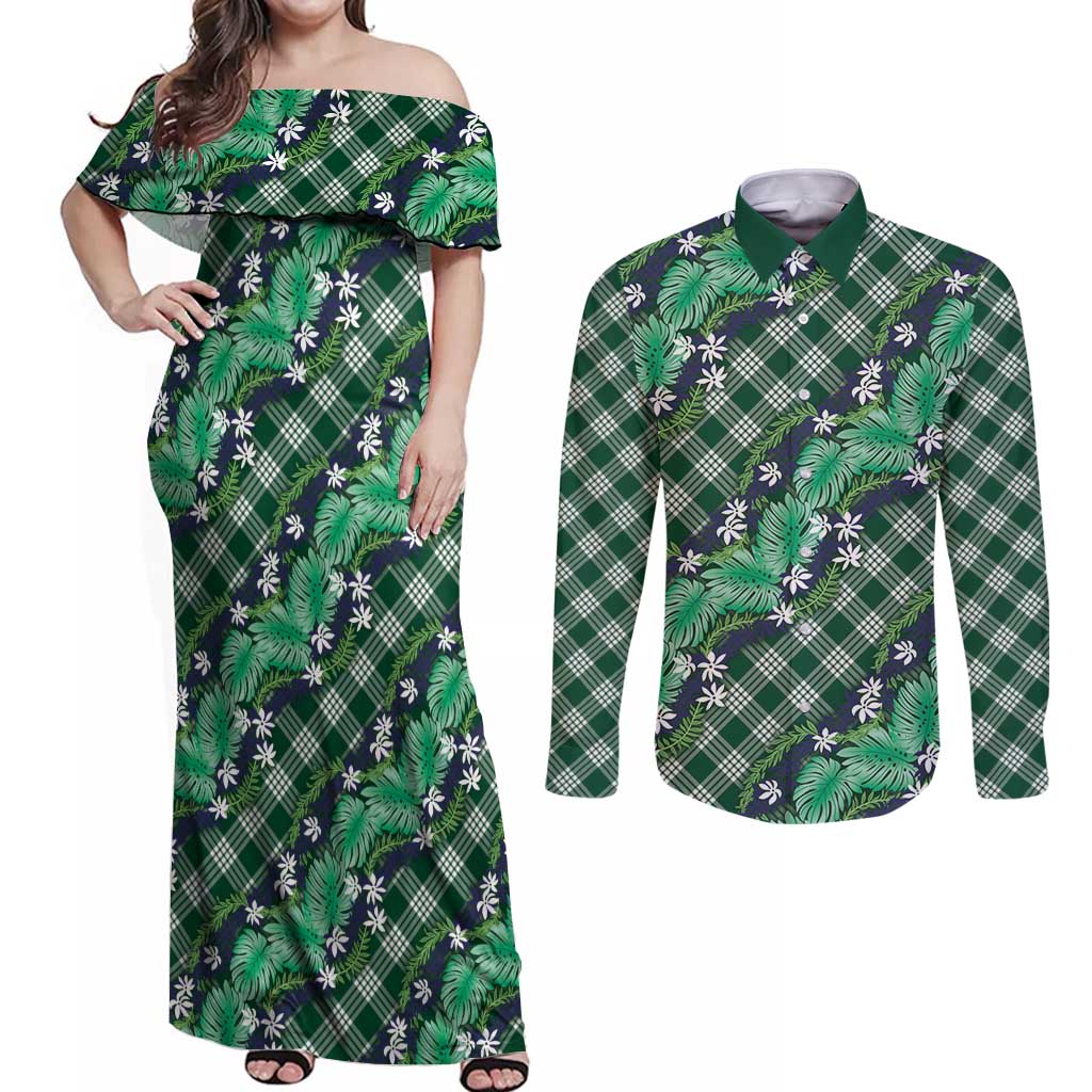 Polynesian Monstera Tiare Floral Couples Matching Off Shoulder Maxi Dress and Long Sleeve Button Shirt Forest Green Tropical Plaid - Polynesian Pride