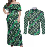 Polynesian Monstera Tiare Floral Couples Matching Off Shoulder Maxi Dress and Long Sleeve Button Shirt Forest Green Tropical Plaid - Polynesian Pride