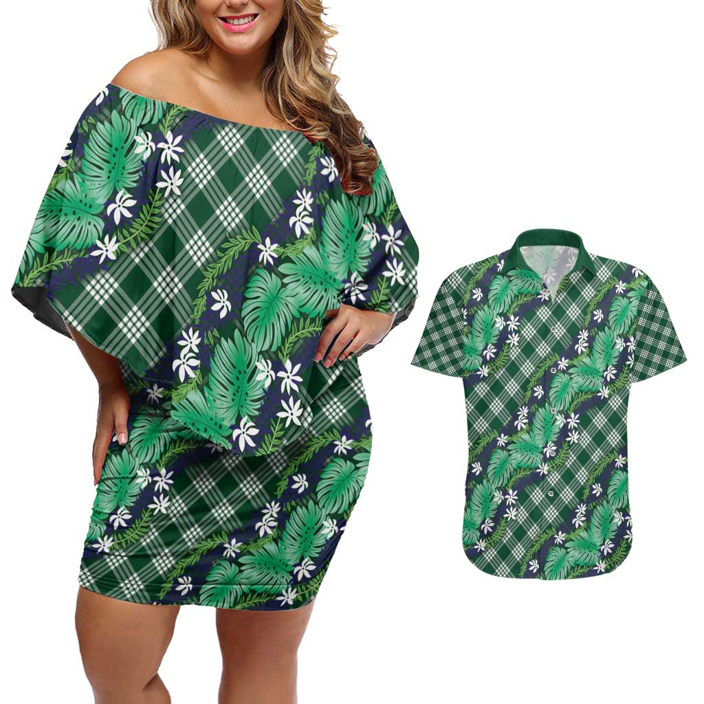 Polynesian Monstera Tiare Floral Couples Matching Off Shoulder Short Dress and Hawaiian Shirt Forest Green Tropical Plaid - Polynesian Pride