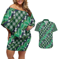 Polynesian Monstera Tiare Floral Couples Matching Off Shoulder Short Dress and Hawaiian Shirt Forest Green Tropical Plaid - Polynesian Pride