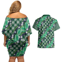 Polynesian Monstera Tiare Floral Couples Matching Off Shoulder Short Dress and Hawaiian Shirt Forest Green Tropical Plaid - Polynesian Pride