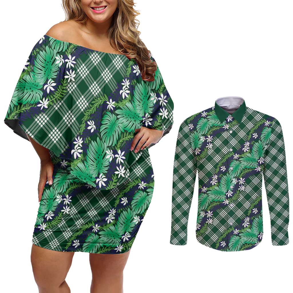 Polynesian Monstera Tiare Floral Couples Matching Off Shoulder Short Dress and Long Sleeve Button Shirt Forest Green Tropical Plaid - Polynesian Pride