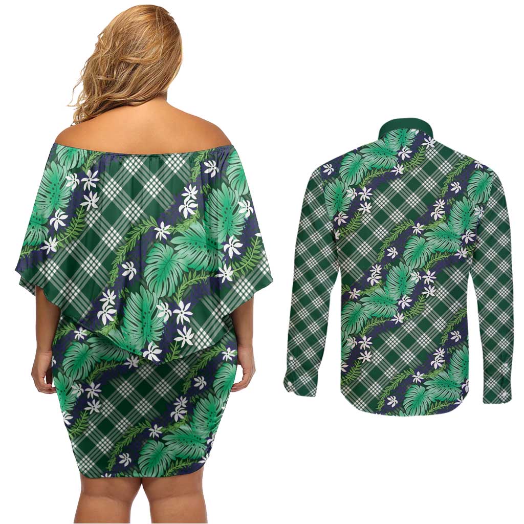 Polynesian Monstera Tiare Floral Couples Matching Off Shoulder Short Dress and Long Sleeve Button Shirt Forest Green Tropical Plaid - Polynesian Pride