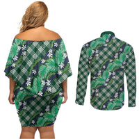 Polynesian Monstera Tiare Floral Couples Matching Off Shoulder Short Dress and Long Sleeve Button Shirt Forest Green Tropical Plaid - Polynesian Pride