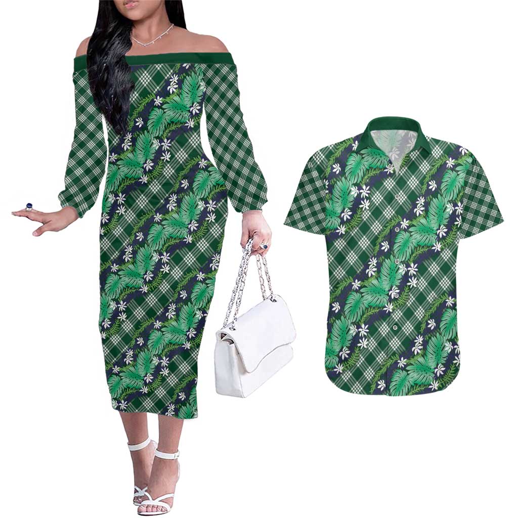Polynesian Monstera Tiare Floral Couples Matching Off The Shoulder Long Sleeve Dress and Hawaiian Shirt Forest Green Tropical Plaid - Polynesian Pride