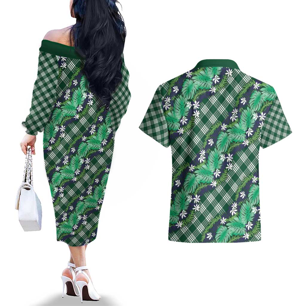 Polynesian Monstera Tiare Floral Couples Matching Off The Shoulder Long Sleeve Dress and Hawaiian Shirt Forest Green Tropical Plaid - Polynesian Pride