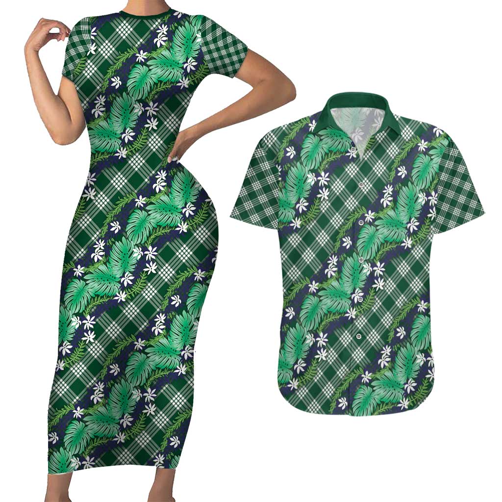 Polynesian Monstera Tiare Floral Couples Matching Short Sleeve Bodycon Dress and Hawaiian Shirt Forest Green Tropical Plaid - Polynesian Pride
