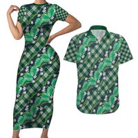 Polynesian Monstera Tiare Floral Couples Matching Short Sleeve Bodycon Dress and Hawaiian Shirt Forest Green Tropical Plaid - Polynesian Pride