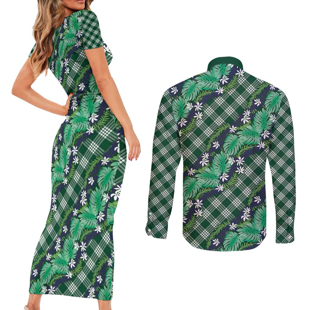 Polynesian Monstera Tiare Floral Couples Matching Short Sleeve Bodycon Dress and Long Sleeve Button Shirt Forest Green Tropical Plaid - Polynesian Pride