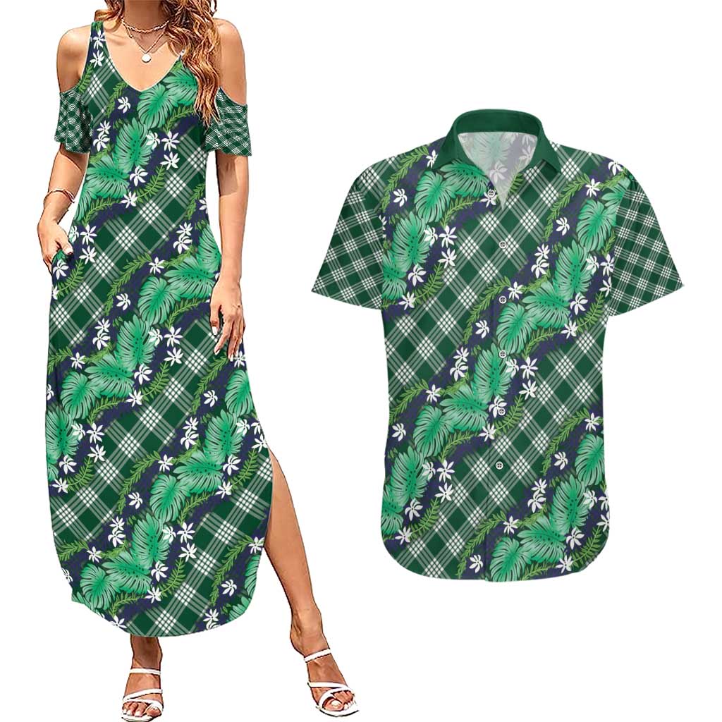Polynesian Monstera Tiare Floral Couples Matching Summer Maxi Dress and Hawaiian Shirt Forest Green Tropical Plaid - Polynesian Pride