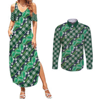 Polynesian Monstera Tiare Floral Couples Matching Summer Maxi Dress and Long Sleeve Button Shirt Forest Green Tropical Plaid - Polynesian Pride