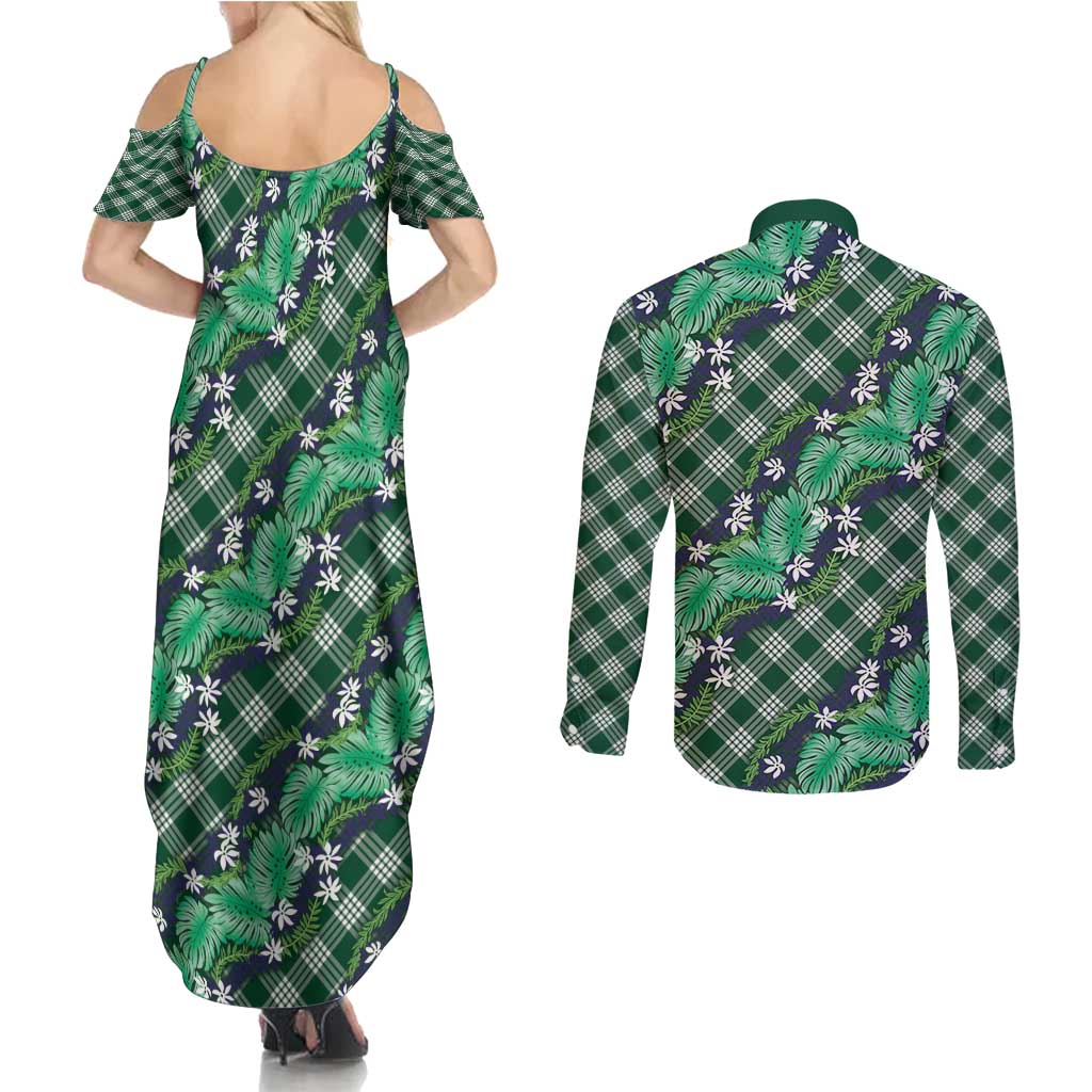 Polynesian Monstera Tiare Floral Couples Matching Summer Maxi Dress and Long Sleeve Button Shirt Forest Green Tropical Plaid - Polynesian Pride