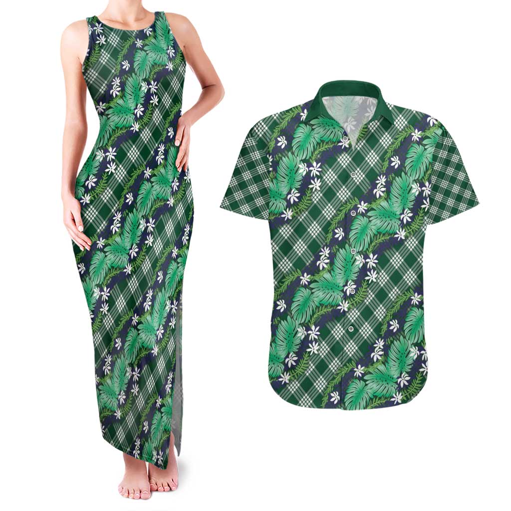 Polynesian Monstera Tiare Floral Couples Matching Tank Maxi Dress and Hawaiian Shirt Forest Green Tropical Plaid - Polynesian Pride
