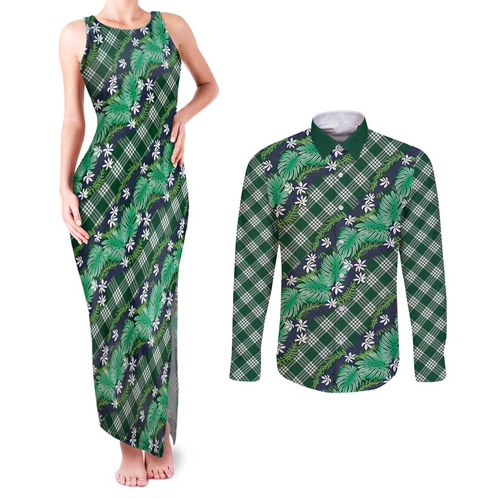 Polynesian Monstera Tiare Floral Couples Matching Tank Maxi Dress and Long Sleeve Button Shirt Forest Green Tropical Plaid - Polynesian Pride
