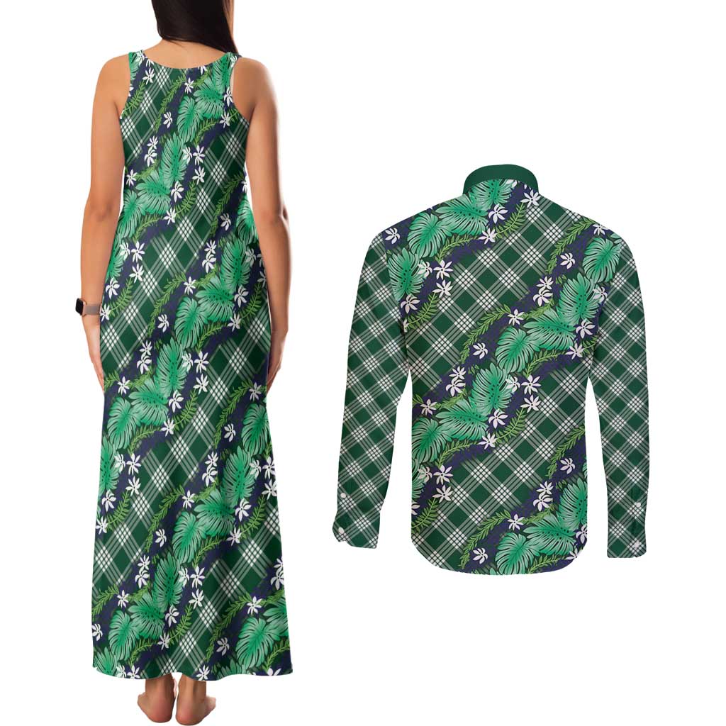 Polynesian Monstera Tiare Floral Couples Matching Tank Maxi Dress and Long Sleeve Button Shirt Forest Green Tropical Plaid - Polynesian Pride