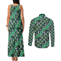 Polynesian Monstera Tiare Floral Couples Matching Tank Maxi Dress and Long Sleeve Button Shirt Forest Green Tropical Plaid - Polynesian Pride