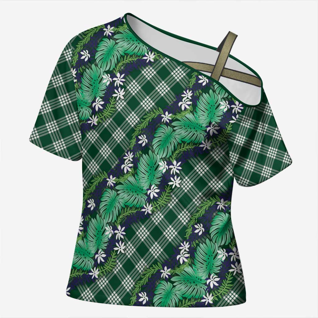 Polynesian Monstera Tiare Floral Cross Shoulder Shirt Forest Green Tropical Plaid - Polynesian Pride