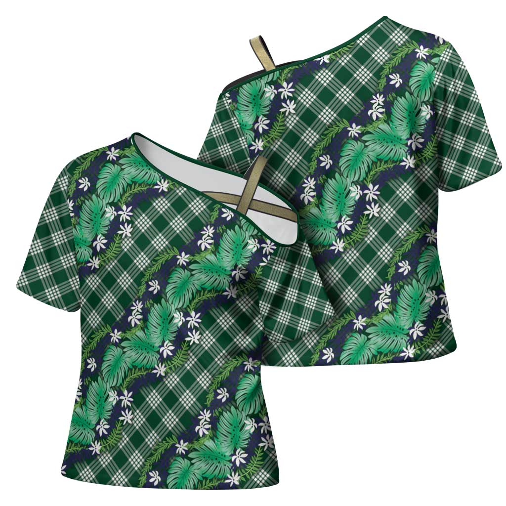 Polynesian Monstera Tiare Floral Cross Shoulder Shirt Forest Green Tropical Plaid - Polynesian Pride