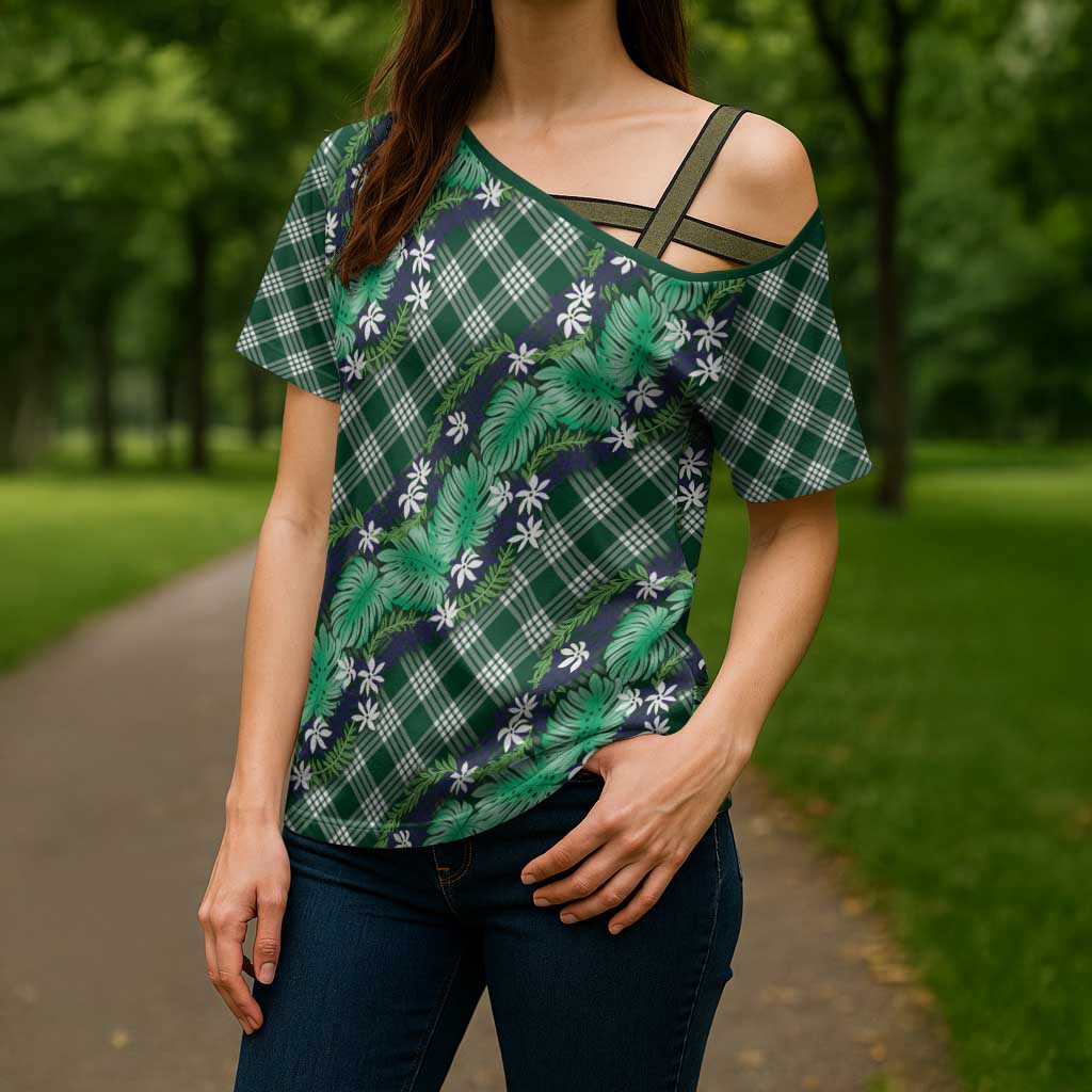 Polynesian Monstera Tiare Floral Cross Shoulder Shirt Forest Green Tropical Plaid - Polynesian Pride