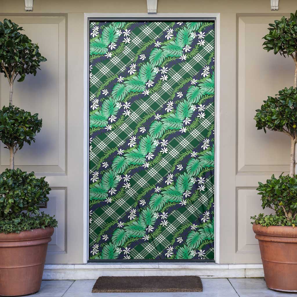 Polynesian Monstera Tiare Floral Door Cover Forest Green Tropical Plaid - Polynesian Pride