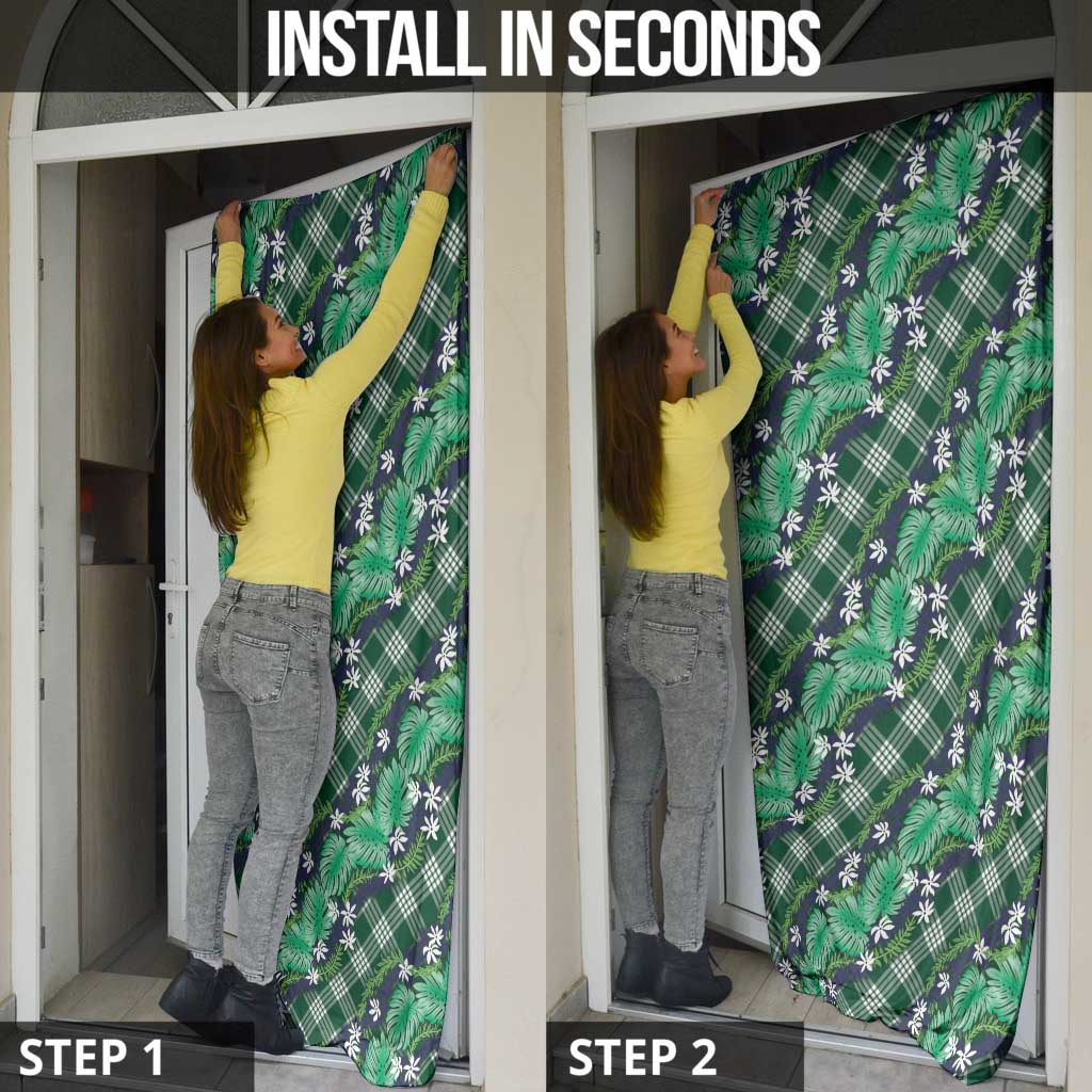 Polynesian Monstera Tiare Floral Door Cover Forest Green Tropical Plaid - Polynesian Pride