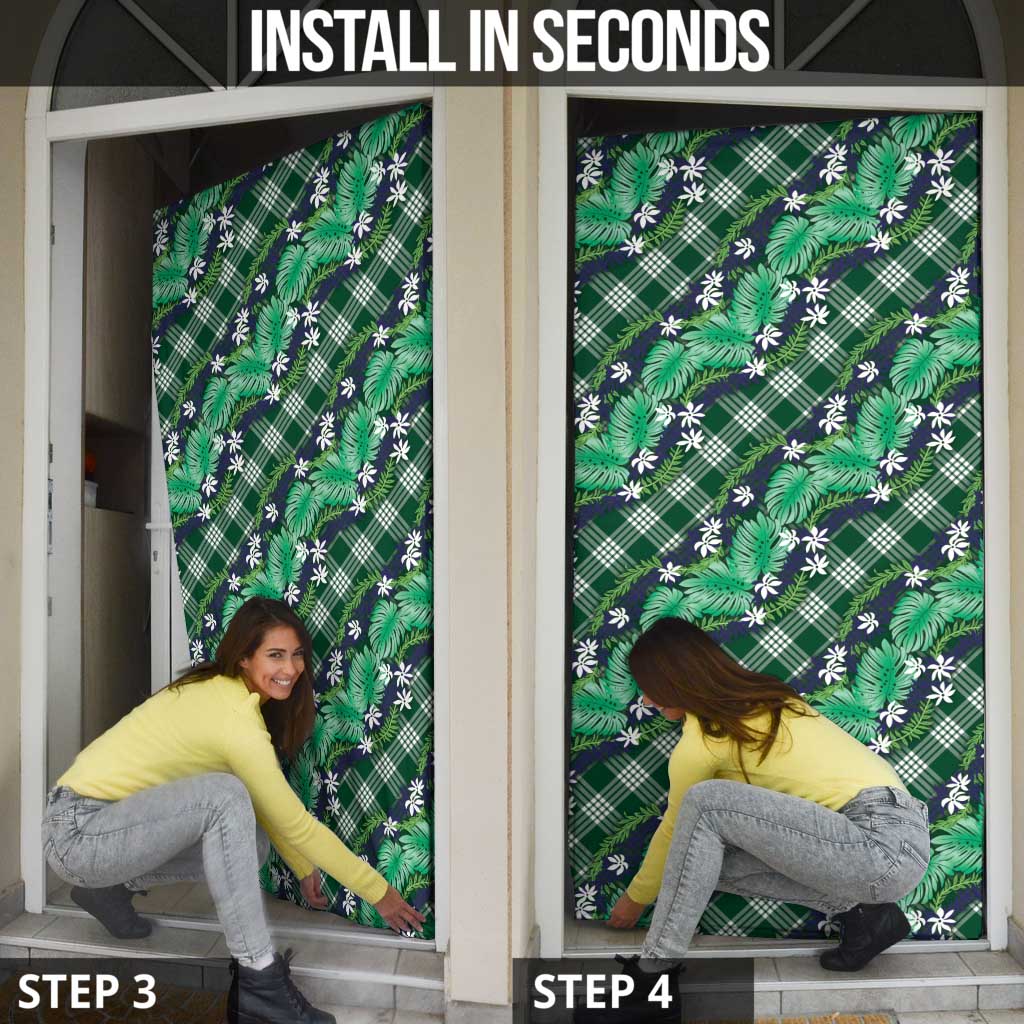 Polynesian Monstera Tiare Floral Door Cover Forest Green Tropical Plaid - Polynesian Pride