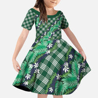 Polynesian Monstera Tiare Floral Family Matching Long Sleeve Bodycon Dress and Hawaiian Shirt Forest Green Tropical Plaid - Polynesian Pride