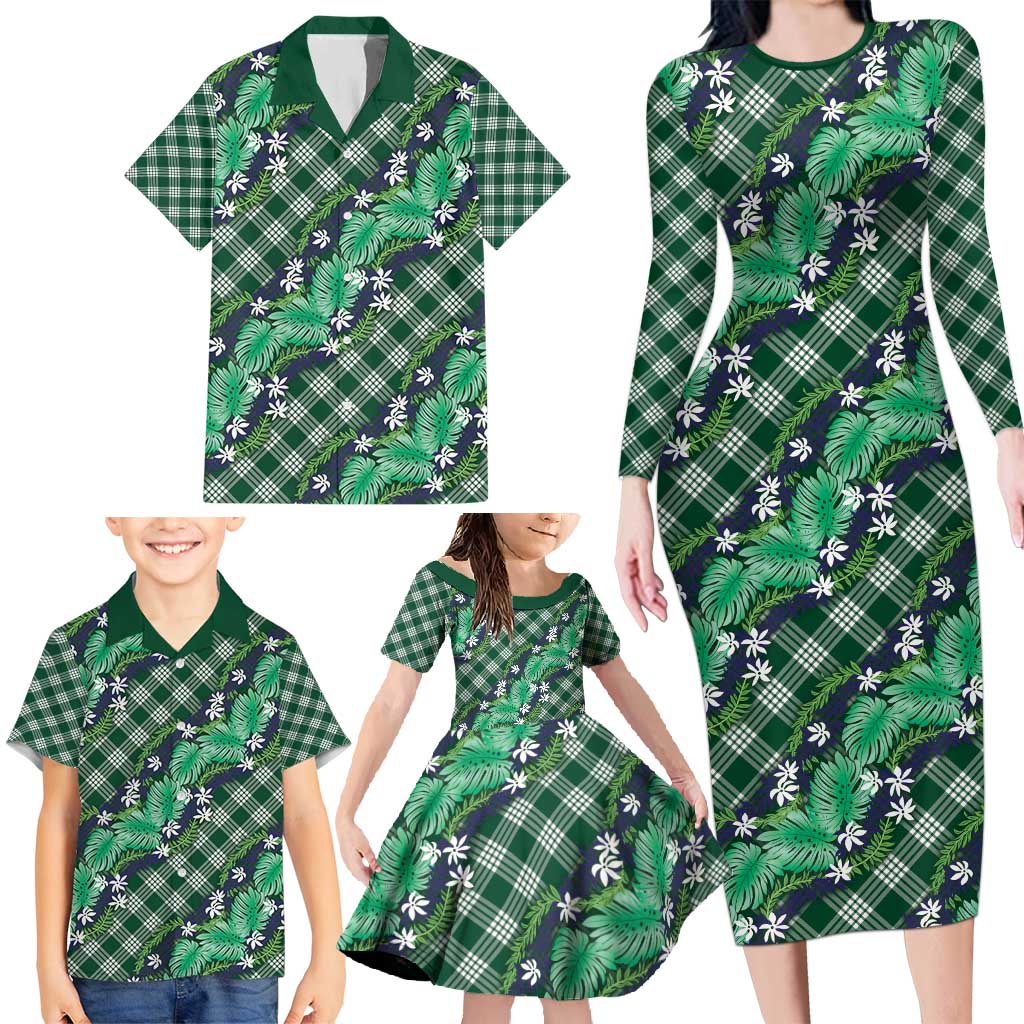 Polynesian Monstera Tiare Floral Family Matching Long Sleeve Bodycon Dress and Hawaiian Shirt Forest Green Tropical Plaid - Polynesian Pride