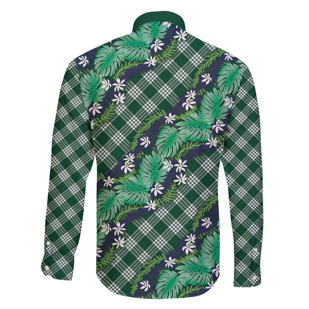 Polynesian Monstera Tiare Floral Family Matching Long Sleeve Bodycon Dress and Hawaiian Shirt Forest Green Tropical Plaid - Polynesian Pride