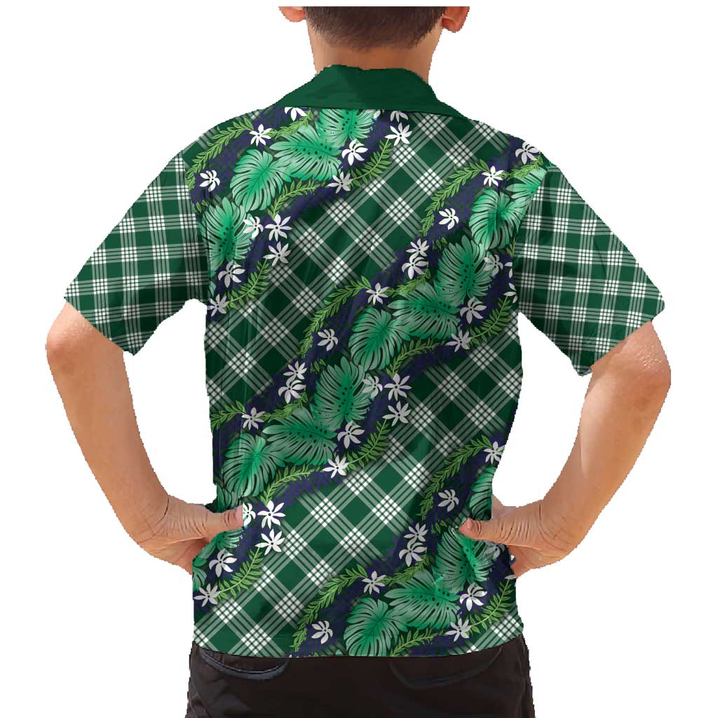 Polynesian Monstera Tiare Floral Family Matching Mermaid Dress and Hawaiian Shirt Forest Green Tropical Plaid - Polynesian Pride