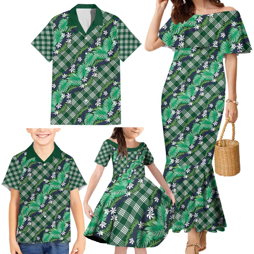 Polynesian Monstera Tiare Floral Family Matching Mermaid Dress and Hawaiian Shirt Forest Green Tropical Plaid - Polynesian Pride