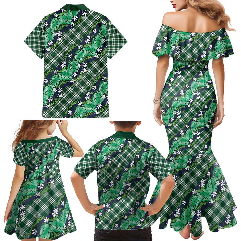 Polynesian Monstera Tiare Floral Family Matching Mermaid Dress and Hawaiian Shirt Forest Green Tropical Plaid - Polynesian Pride