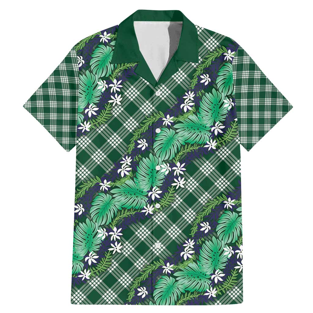 Polynesian Monstera Tiare Floral Family Matching Mermaid Dress and Hawaiian Shirt Forest Green Tropical Plaid - Polynesian Pride