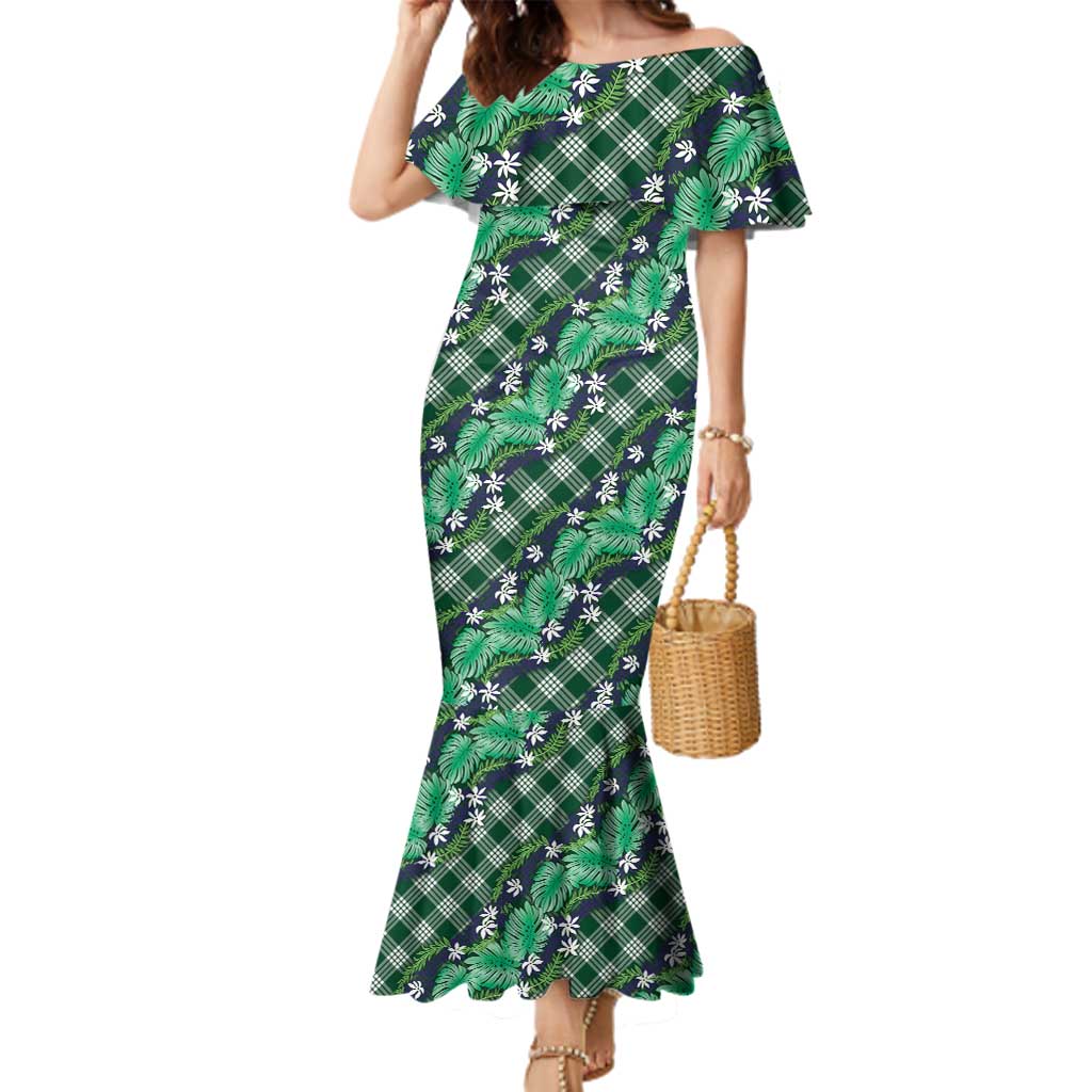 Polynesian Monstera Tiare Floral Family Matching Mermaid Dress and Hawaiian Shirt Forest Green Tropical Plaid - Polynesian Pride