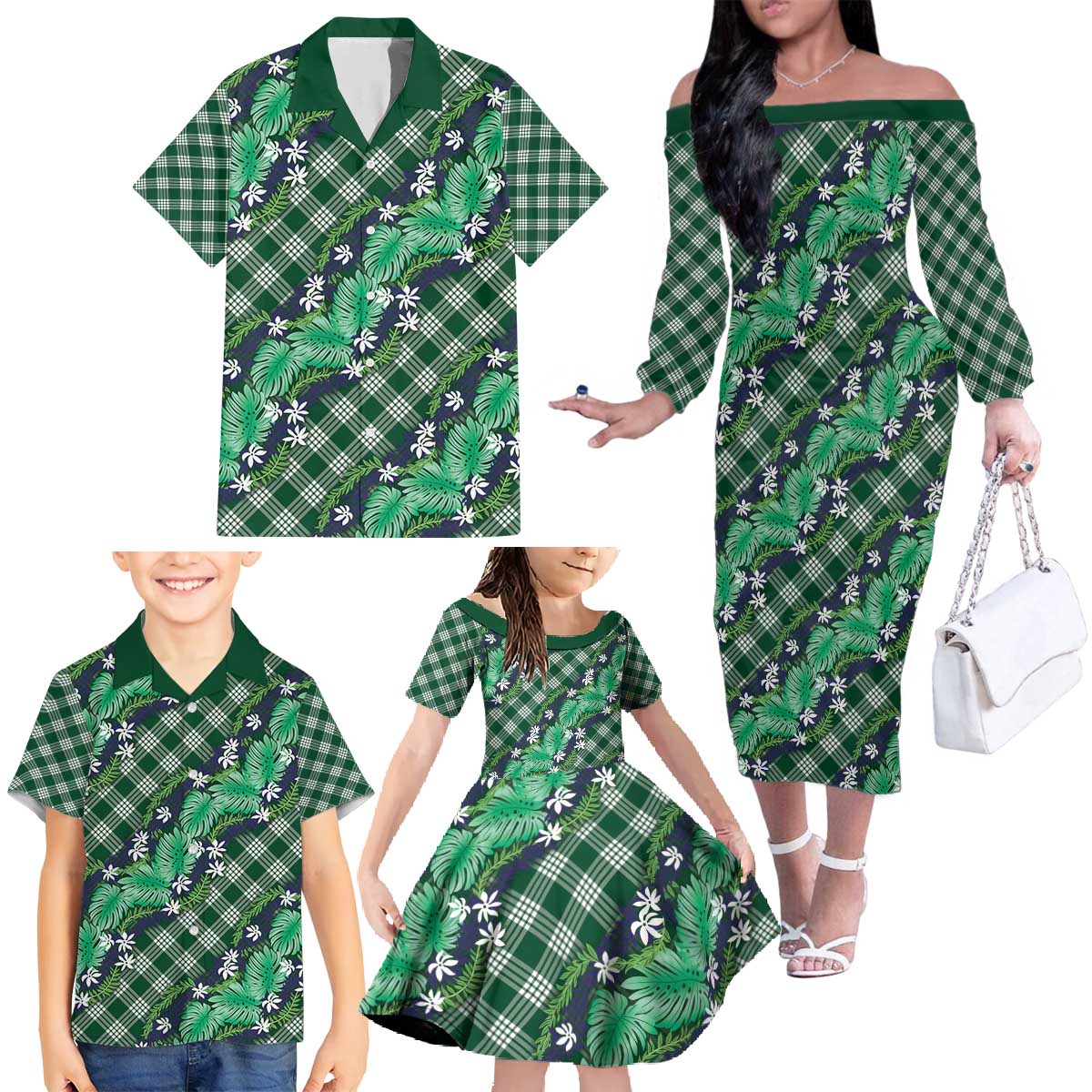 Polynesian Monstera Tiare Floral Family Matching Off The Shoulder Long Sleeve Dress and Hawaiian Shirt Forest Green Tropical Plaid - Polynesian Pride