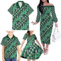 Polynesian Monstera Tiare Floral Family Matching Off The Shoulder Long Sleeve Dress and Hawaiian Shirt Forest Green Tropical Plaid - Polynesian Pride