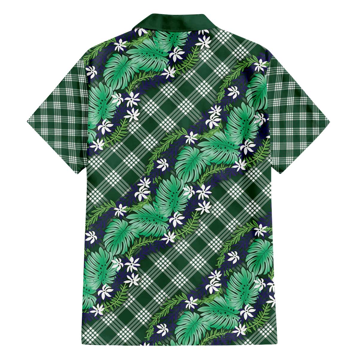 Polynesian Monstera Tiare Floral Family Matching Off The Shoulder Long Sleeve Dress and Hawaiian Shirt Forest Green Tropical Plaid - Polynesian Pride
