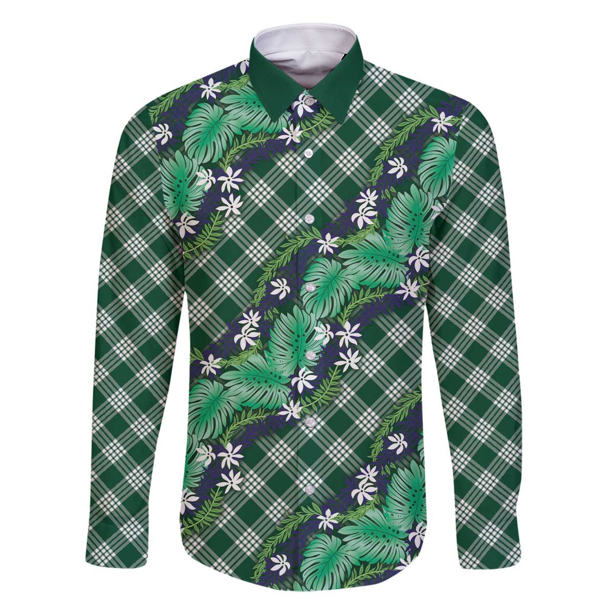 Polynesian Monstera Tiare Floral Family Matching Off The Shoulder Long Sleeve Dress and Hawaiian Shirt Forest Green Tropical Plaid - Polynesian Pride