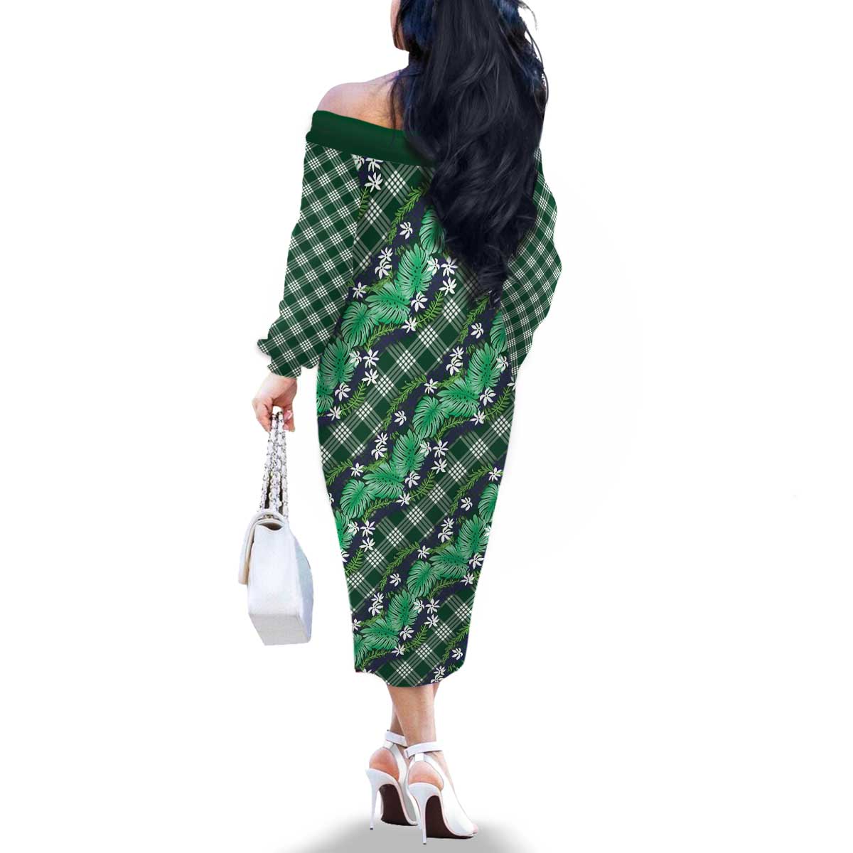 Polynesian Monstera Tiare Floral Family Matching Off The Shoulder Long Sleeve Dress and Hawaiian Shirt Forest Green Tropical Plaid - Polynesian Pride