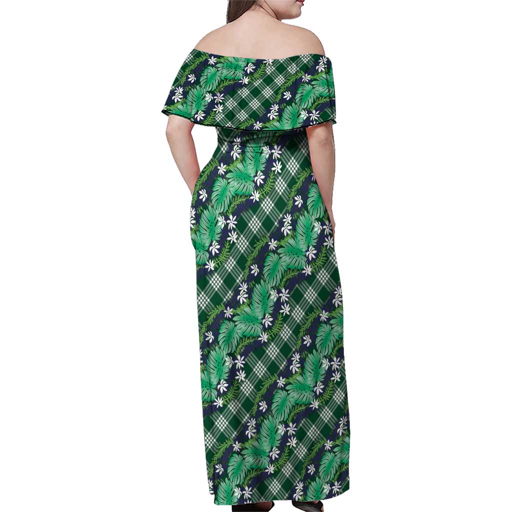 Polynesian Monstera Tiare Floral Family Matching Off Shoulder Maxi Dress and Hawaiian Shirt Forest Green Tropical Plaid - Polynesian Pride