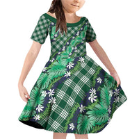 Polynesian Monstera Tiare Floral Family Matching Off Shoulder Short Dress and Hawaiian Shirt Forest Green Tropical Plaid - Polynesian Pride