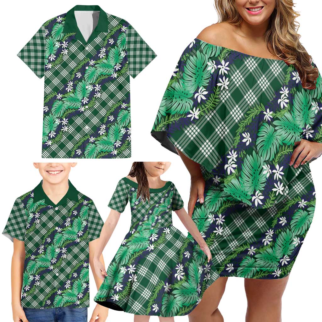 Polynesian Monstera Tiare Floral Family Matching Off Shoulder Short Dress and Hawaiian Shirt Forest Green Tropical Plaid - Polynesian Pride