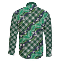 Polynesian Monstera Tiare Floral Family Matching Off Shoulder Short Dress and Hawaiian Shirt Forest Green Tropical Plaid - Polynesian Pride