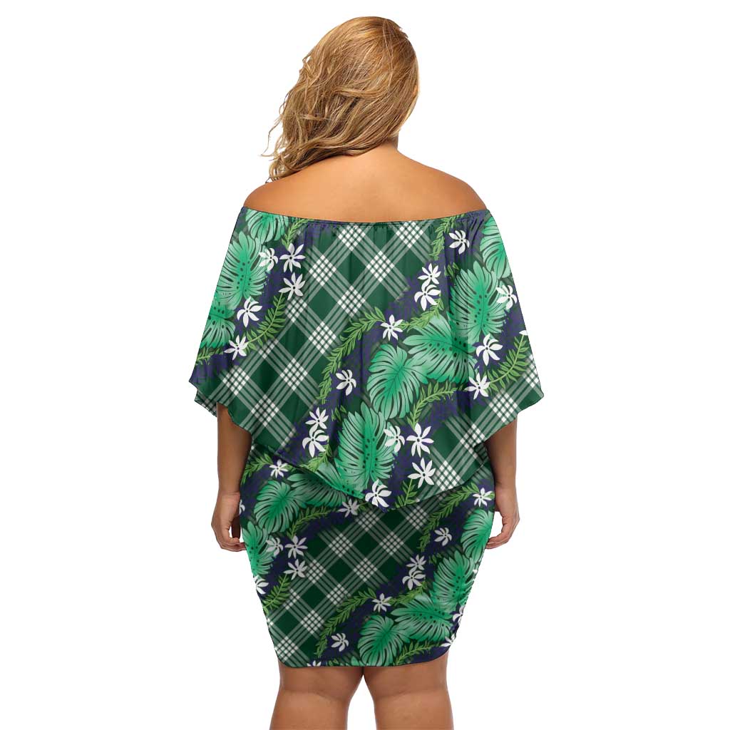 Polynesian Monstera Tiare Floral Family Matching Off Shoulder Short Dress and Hawaiian Shirt Forest Green Tropical Plaid - Polynesian Pride