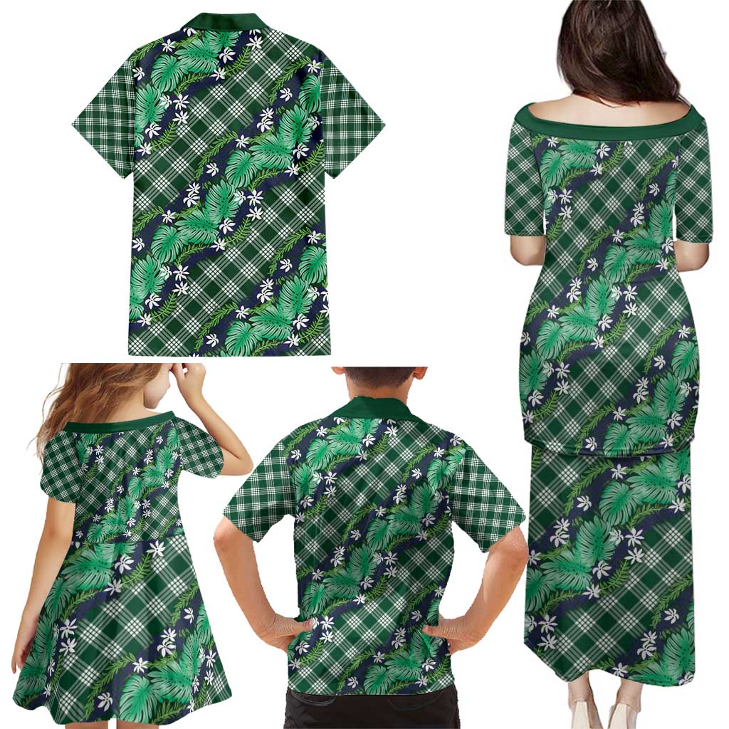 Polynesian Monstera Tiare Floral Family Matching Puletasi and Hawaiian Shirt Forest Green Tropical Plaid - Polynesian Pride