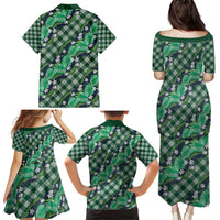 Polynesian Monstera Tiare Floral Family Matching Puletasi and Hawaiian Shirt Forest Green Tropical Plaid - Polynesian Pride