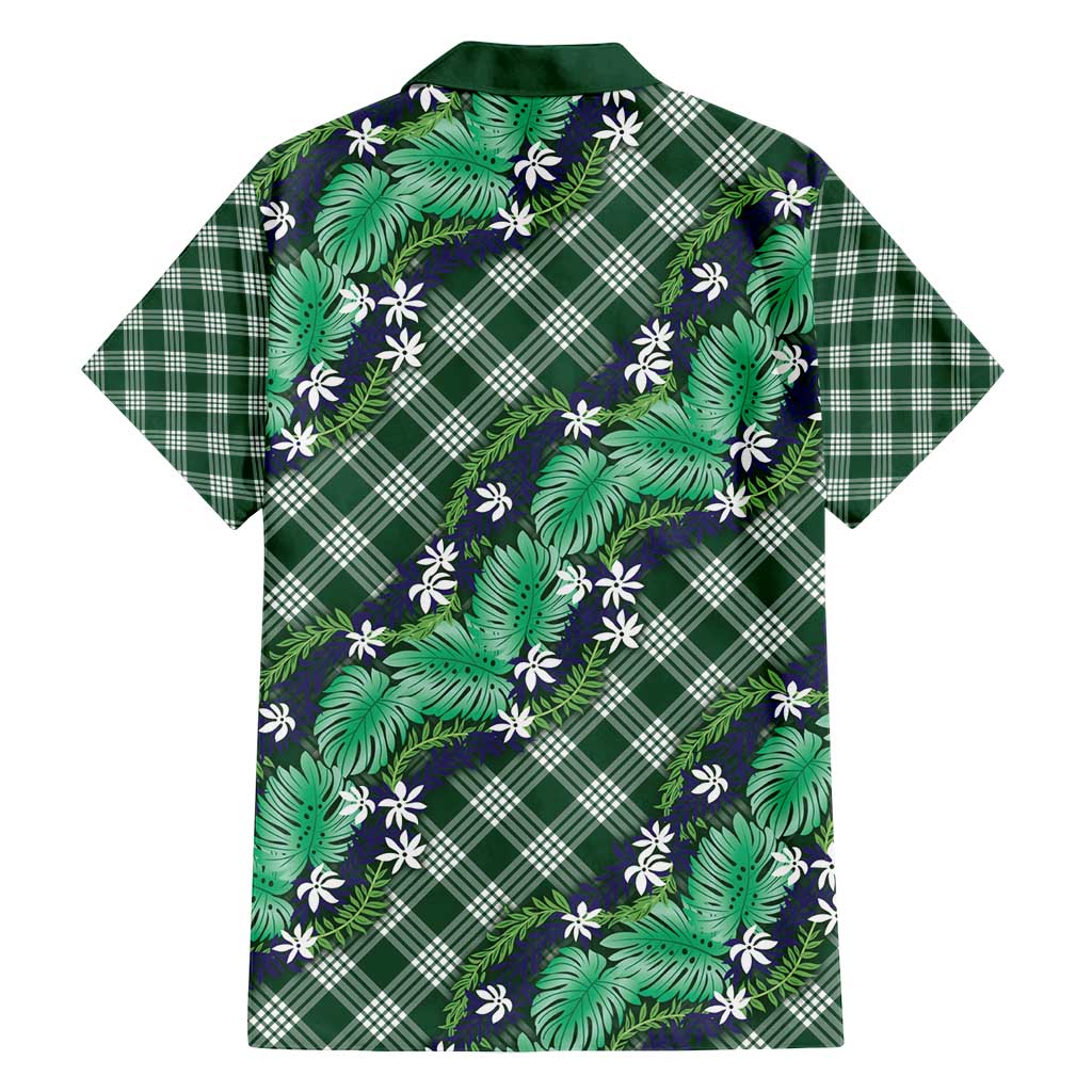 Polynesian Monstera Tiare Floral Family Matching Puletasi and Hawaiian Shirt Forest Green Tropical Plaid - Polynesian Pride