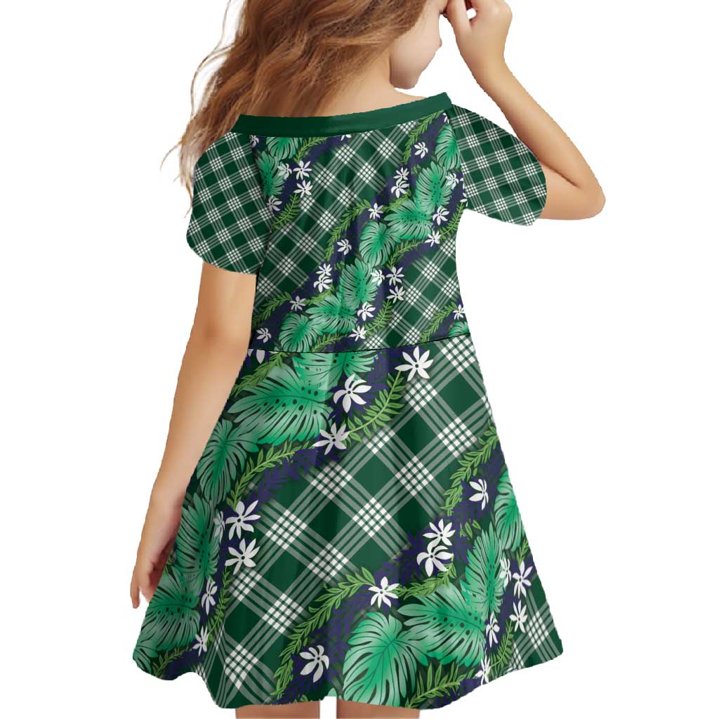 Polynesian Monstera Tiare Floral Family Matching Short Sleeve Bodycon Dress and Hawaiian Shirt Forest Green Tropical Plaid - Polynesian Pride