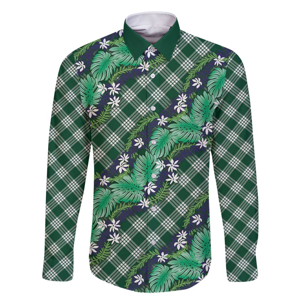 Polynesian Monstera Tiare Floral Family Matching Short Sleeve Bodycon Dress and Hawaiian Shirt Forest Green Tropical Plaid - Polynesian Pride